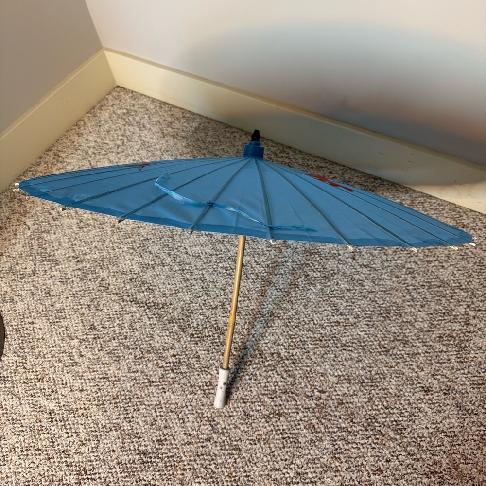 Asian Japanese Parasol Umbrella Nylon Bamboo Blue Blossoms Birds Sun Shade - Picture 5 of 13